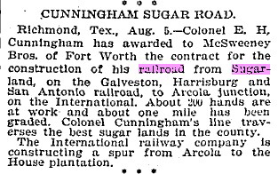 A contract is awarded to build the Sugar Land RR.