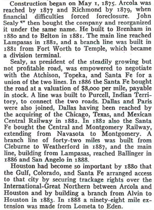 Railroad construction dates for the town of Arcola, Texas..