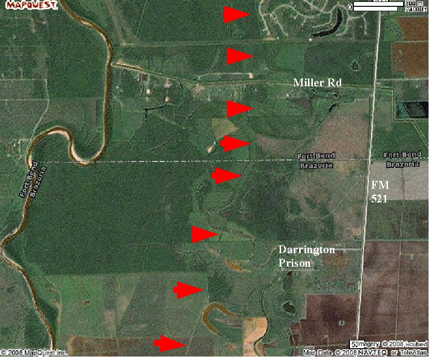 Route of the Sugar Land RR through southern Fort Bend itno northern Brazoria counties, Texas.