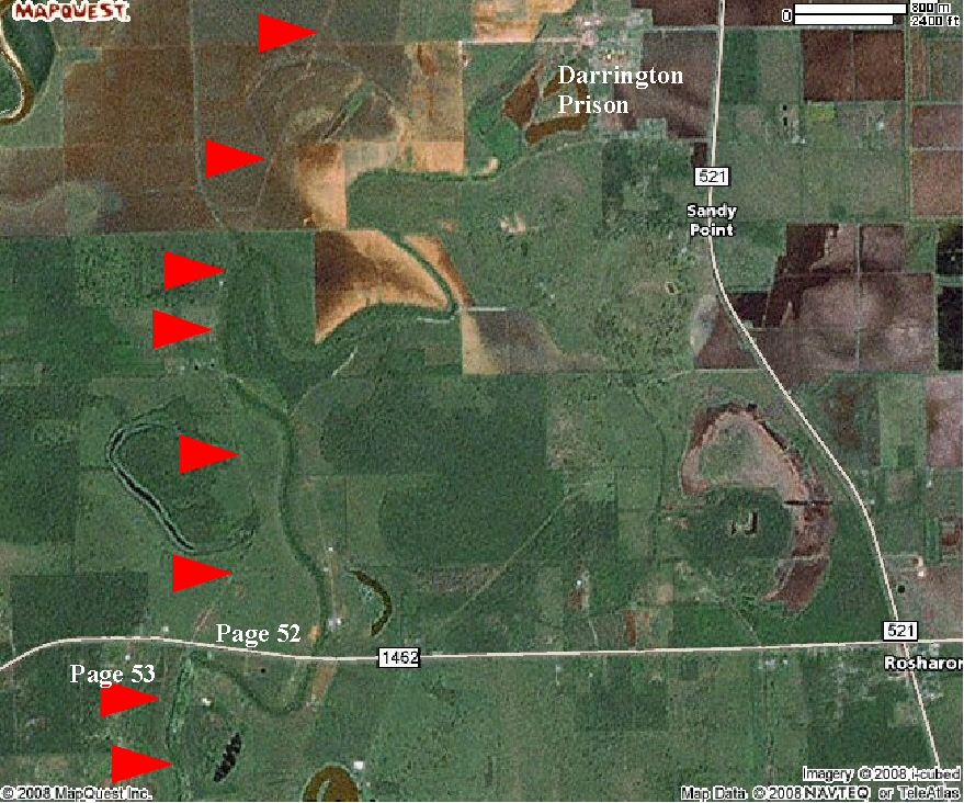 The red arrow tips mark the path of the Sugar Land RR through northern Brazoria County, Texas.