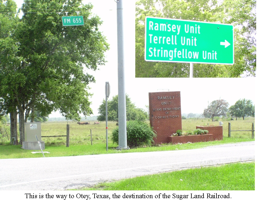 Sign of FM 521 giving directions to the ghost town of Otey, Texas.